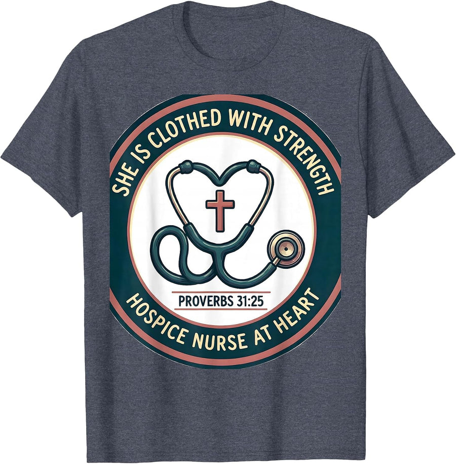 She Is Clothed With Strength Proverbs 31:25 Christian Nurse T-Shirt - Heather Blue