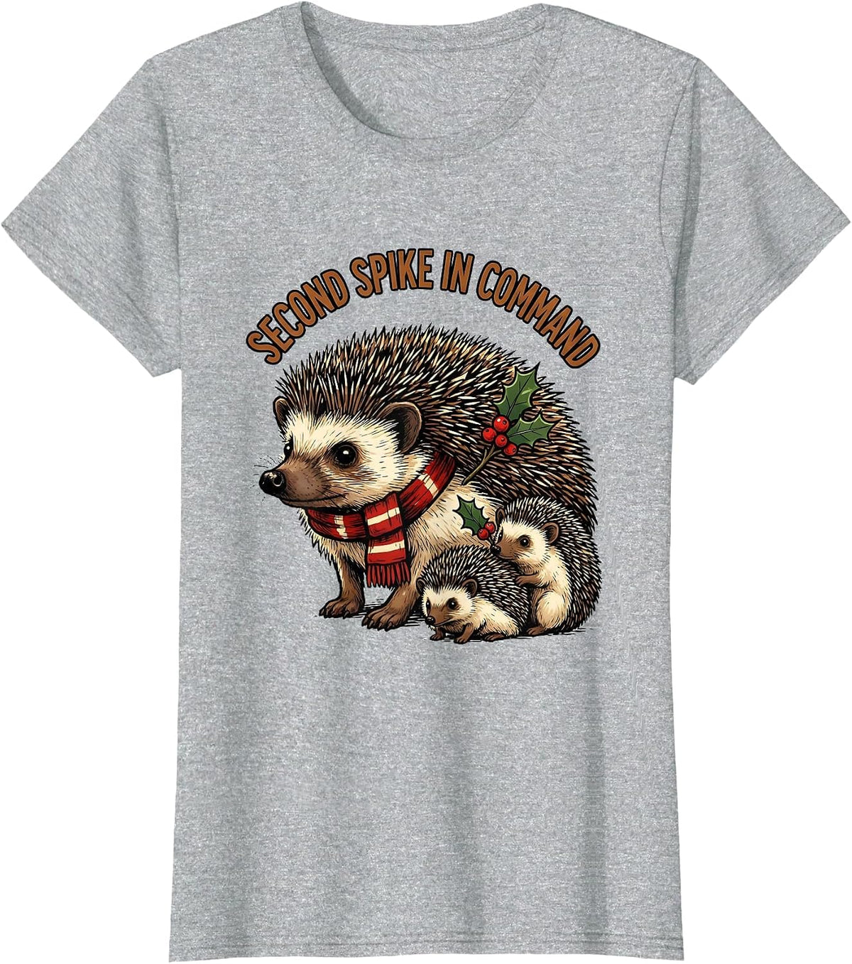 Women's Second Spike In Command Cute Hedgehog Christmas Novelty T-Shirt - Heather Grey