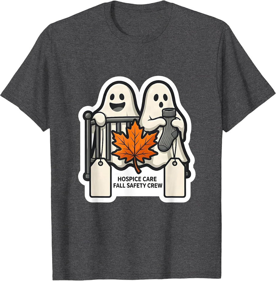Men's Hospice Care Fall Safety Crew Funny Ghost Fall Prevention T-Shirt - Dark Heather Grey