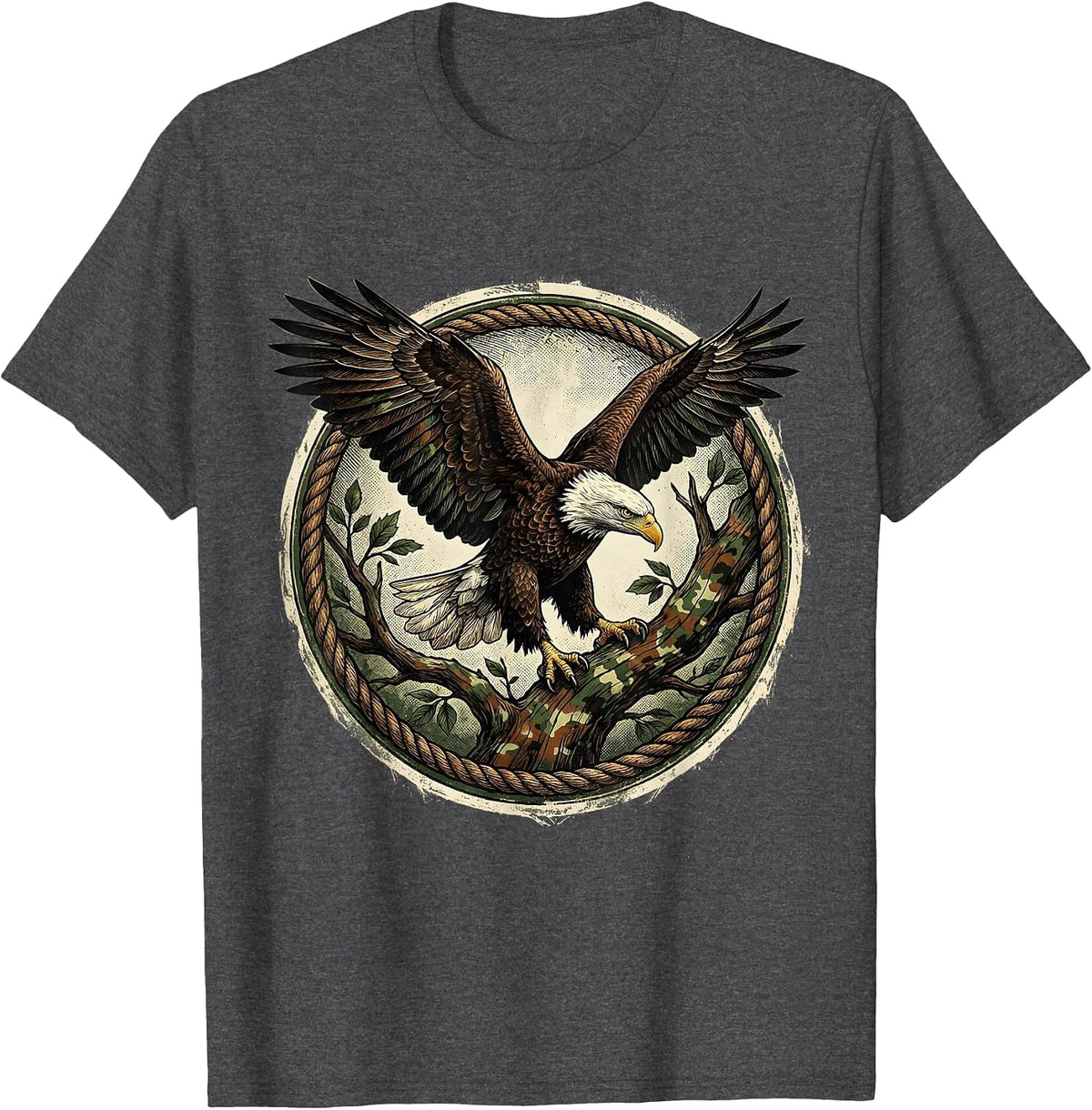 Eagle Landing on Camo Branch Wildlife Design T-Shirt - Dark Heather Grey