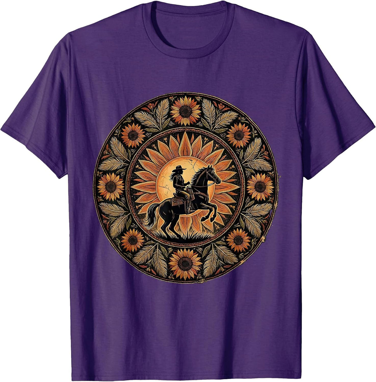 Cowgirl Riding Horse at Sunset Western Design T-Shirt - Purple
