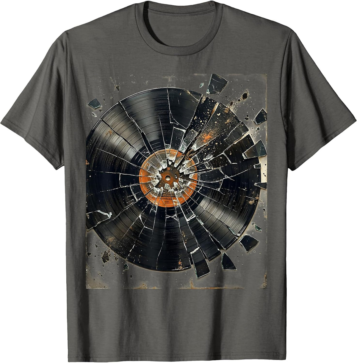 Shattered Vinyl Record Punk Art Design T-Shirt - Asphalt Grey