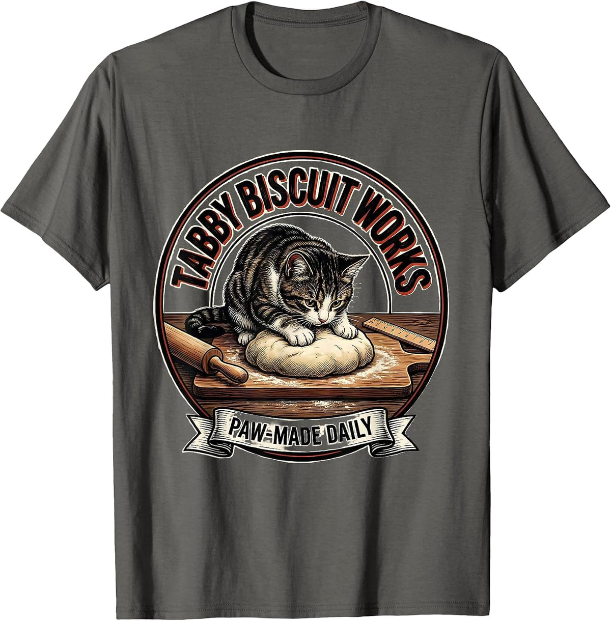 Tabby Biscuit Works Paw-Made Daily Funny Cat Lover Baking T-Shirt - Asphalt Grey