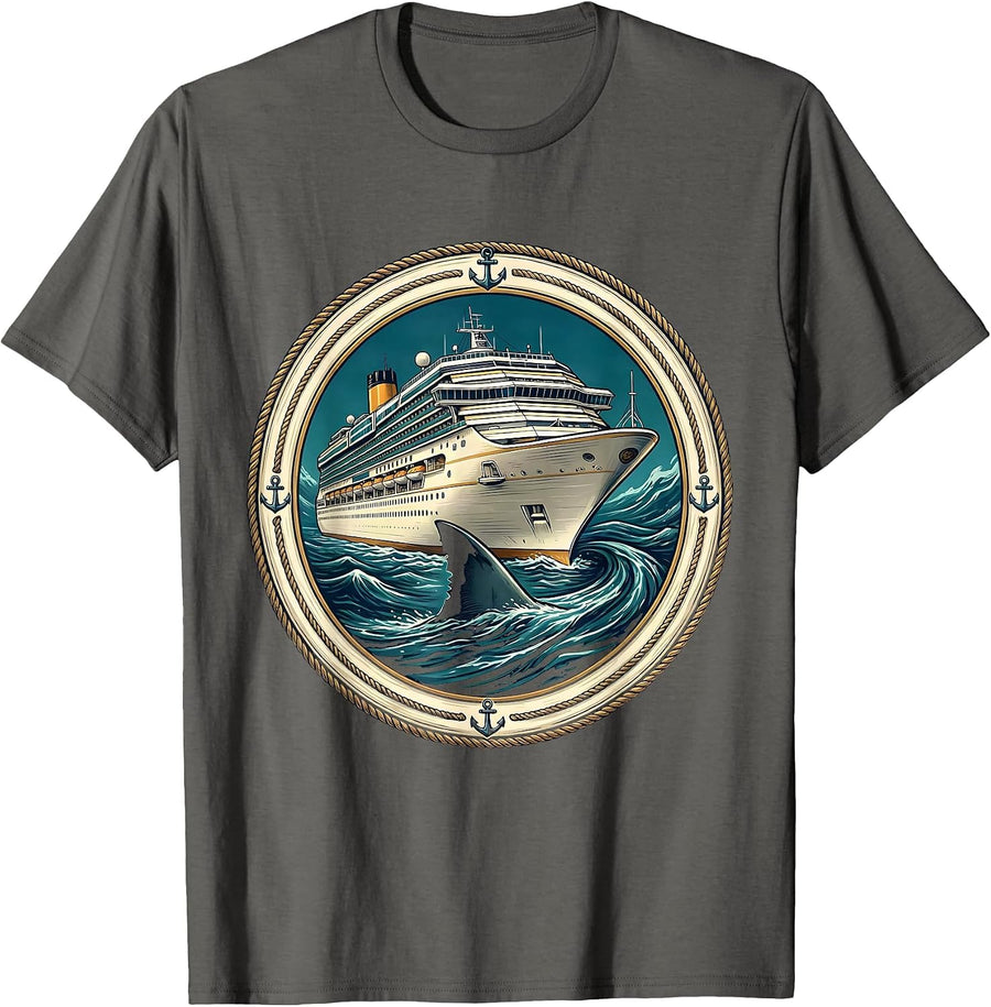 Shark Fin Circling Cruise Ship Graphic T-Shirt - Asphalt Grey