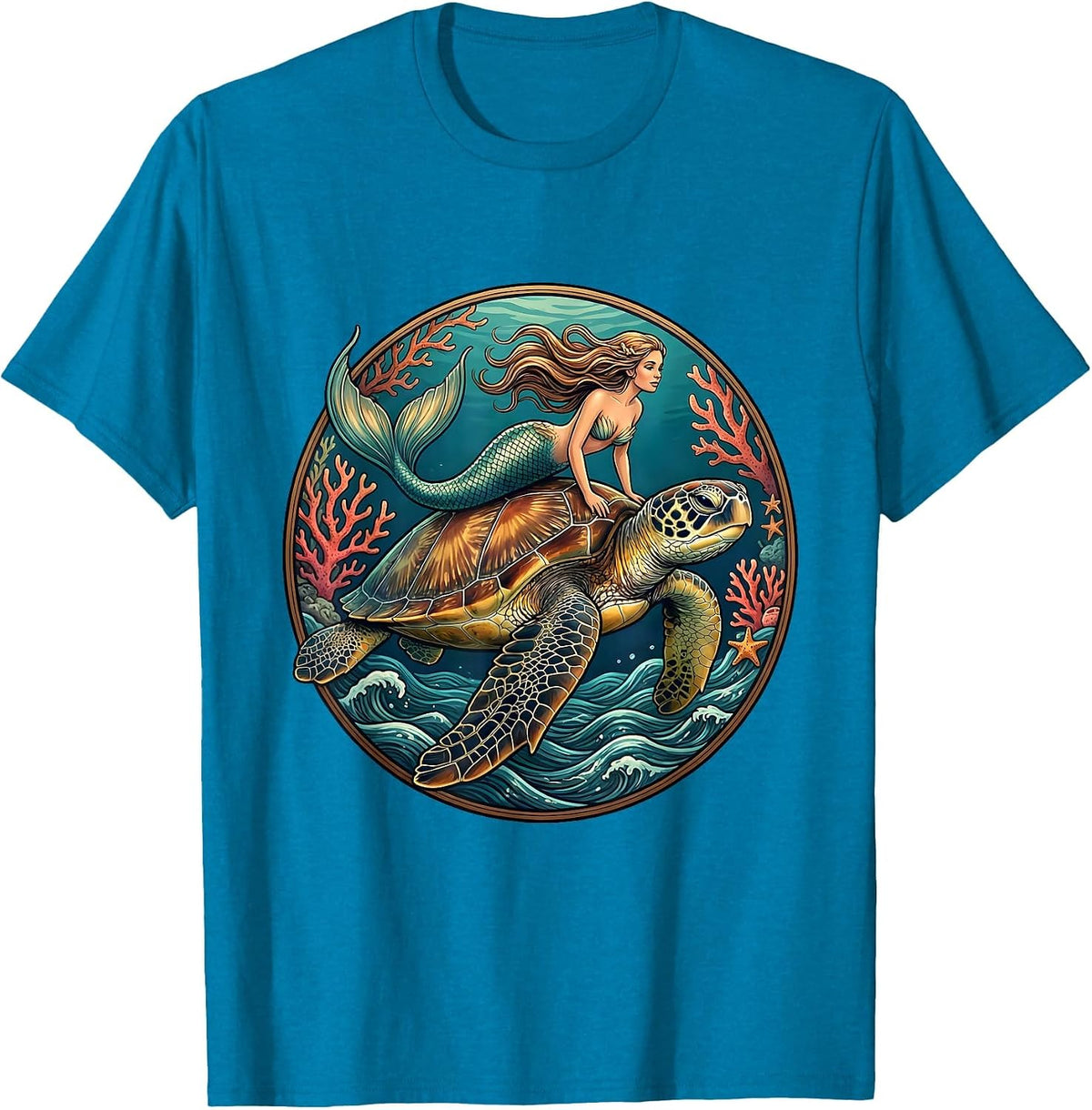 Mermaid Riding Giant Sea Turtle Ocean Art T-Shirt - Sapphire Blue