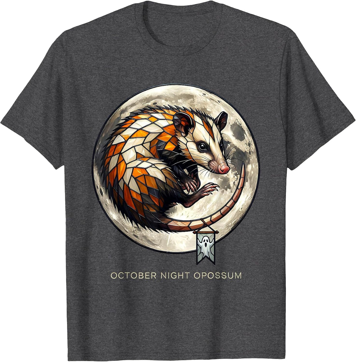 October Night Opossum Stained Glass Mosaic Spooky Halloween T-Shirt - Dark Heather Grey