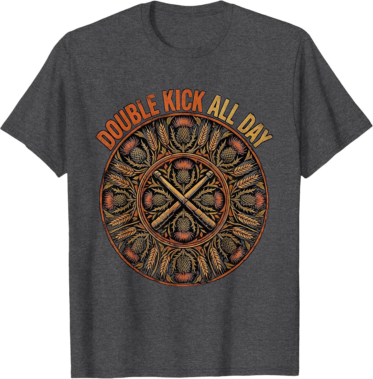 Double Kick All Day Metal Band Drum Design T-Shirt - Dark Heather Grey