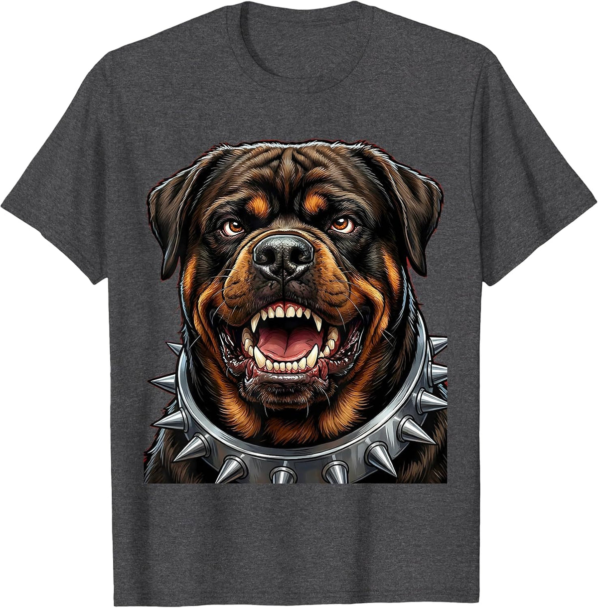 Growling Rottweiler Spiked Collar Graphic Design T-Shirt - Dark Heather Grey