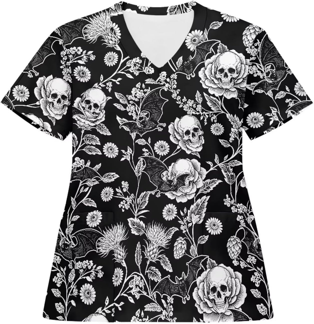 Uourmeti Scrub Tops for Women Soft 4-Way Stretch V-Neck Medical Scrubs - Rose Skull