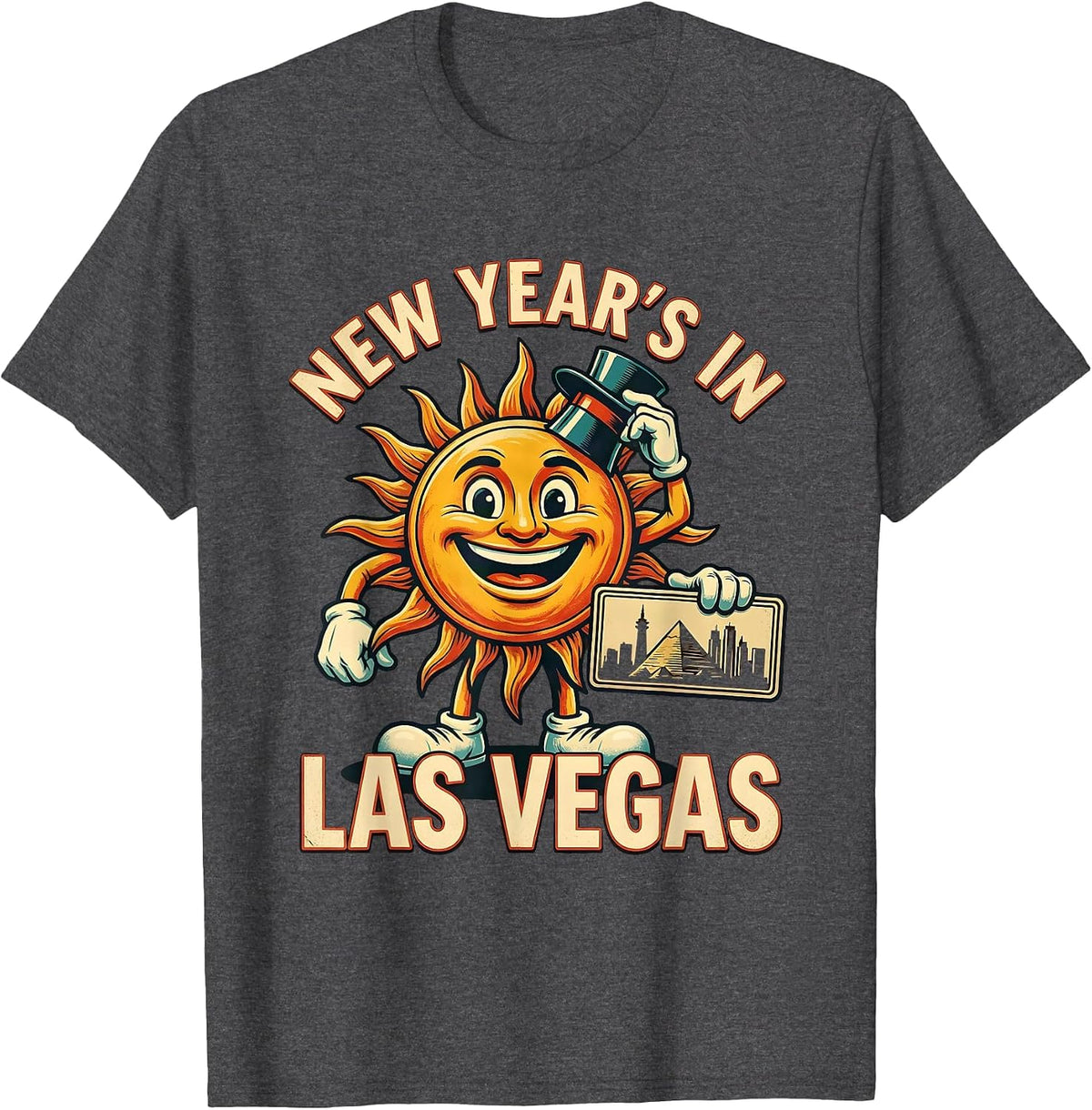 Men's New Year's In Las Vegas Retro Advertising Mascot Vacation T-Shirt - Dark Heather Grey