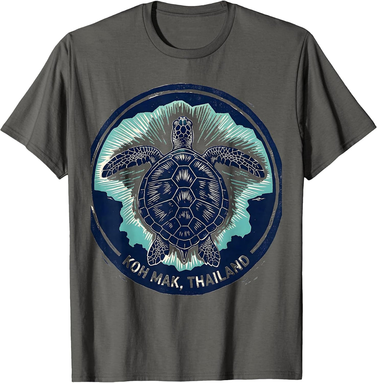 Koh Mak Thailand Linocut Sea Turtle Beach Souvenir T-Shirt - Asphalt Grey