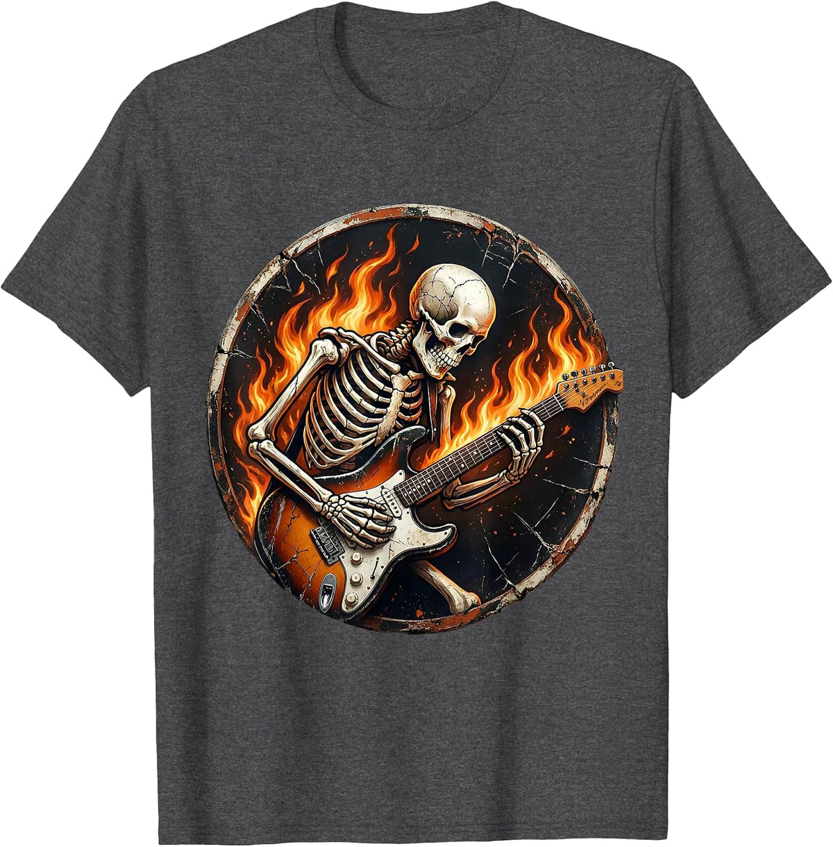 Skeleton Electric Guitar Flames Halloween Design T-Shirt - Dark Heather Grey