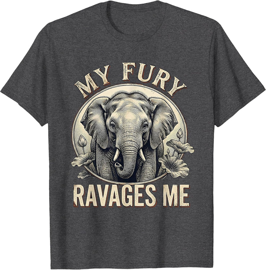 Men's My Fury Ravages Me Vintage Baby Elephant Cute Animal Irony T-Shirt - Dark Heather Grey