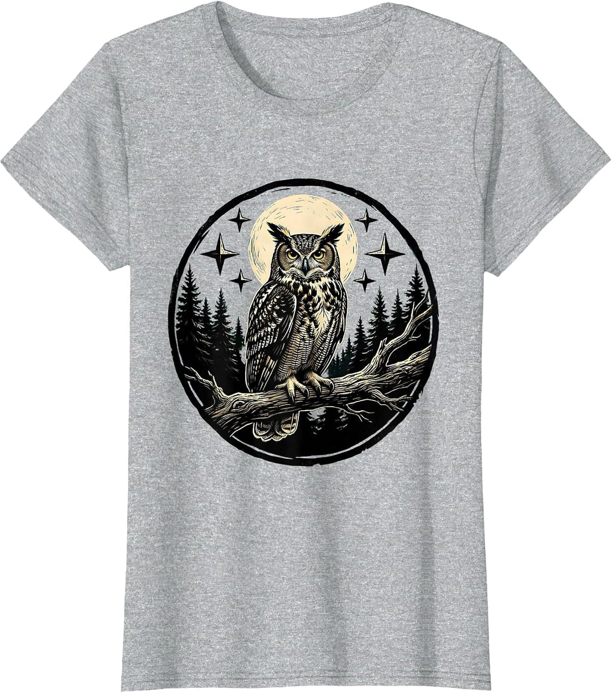 Women's Owl on Branch Starry Night Forest Illustration T-Shirt - Heather Grey