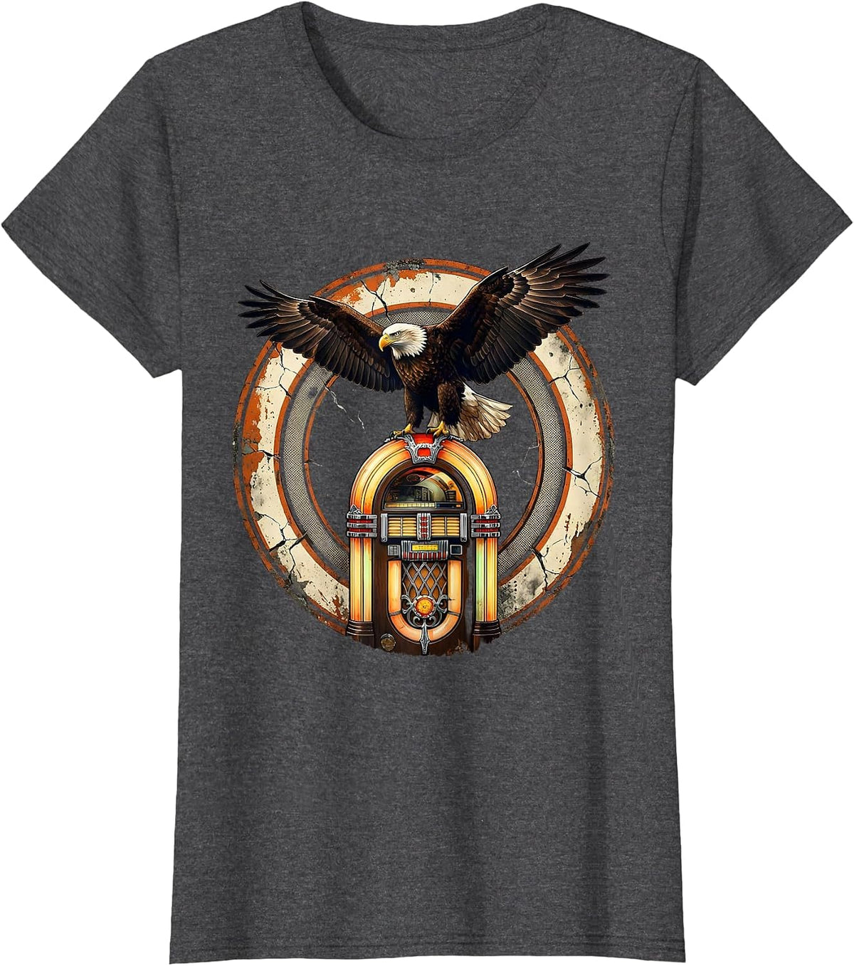 Women's Vintage 1975 Bald Eagle Jukebox Retro Design T-Shirt - Dark Heather Grey