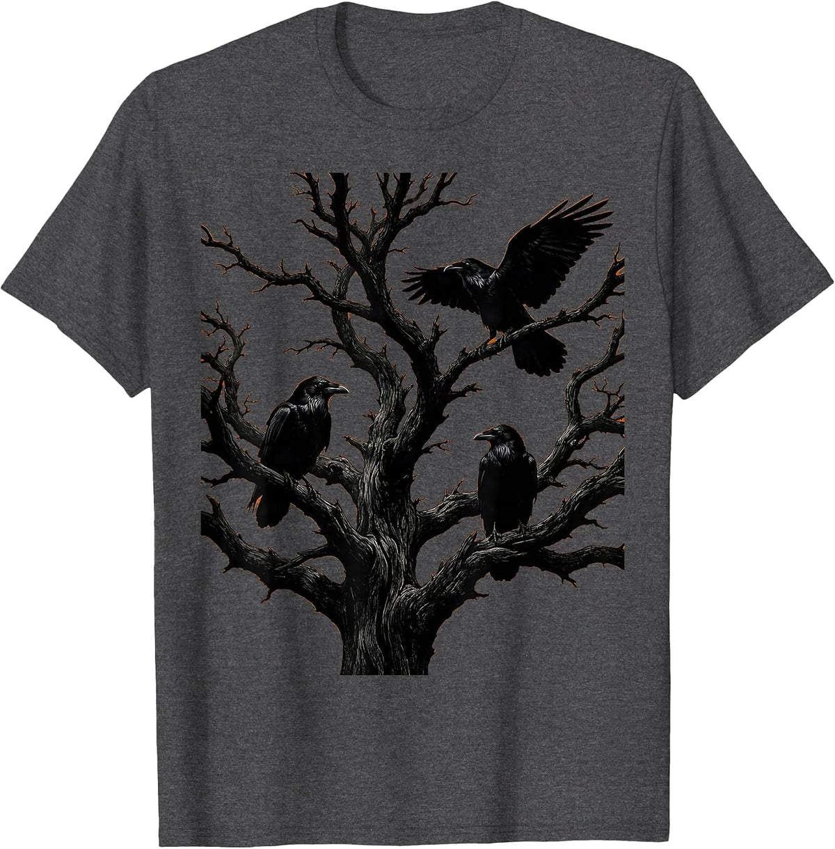 Men's Boys Halloween Ravens on Twisted Dead Tree T-Shirt - Dark Heather Grey