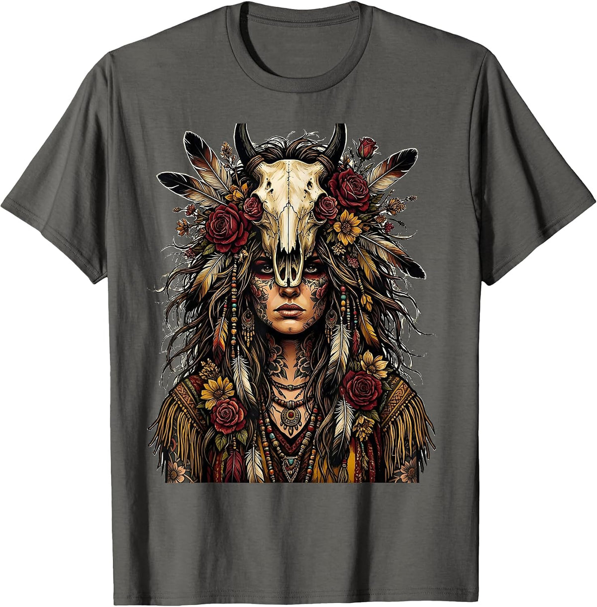 Bohemian Horse Skull Spirit Mystic Art Design T-Shirt - Asphalt Grey