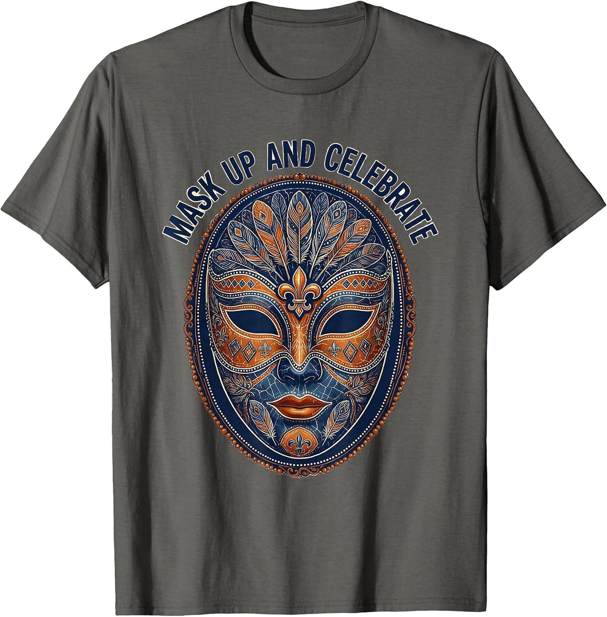 Mask Up and Celebrate Mardi Gras Design T-Shirt - Asphalt Grey