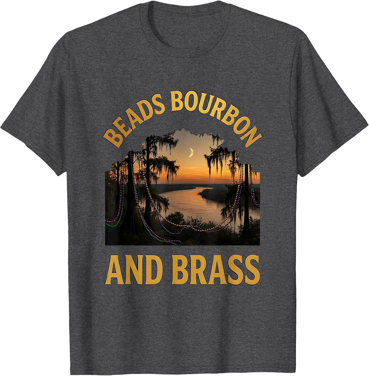 Beads Bourbon and Brass Mardi Gras Design T-Shirt - Dark Heather Grey