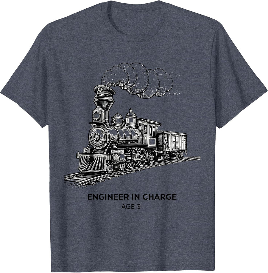 Engineer In Charge Age 3 Kids Construction Train Birthday T-Shirt, Men, Heather Blue, 3X-Large - As Pictured