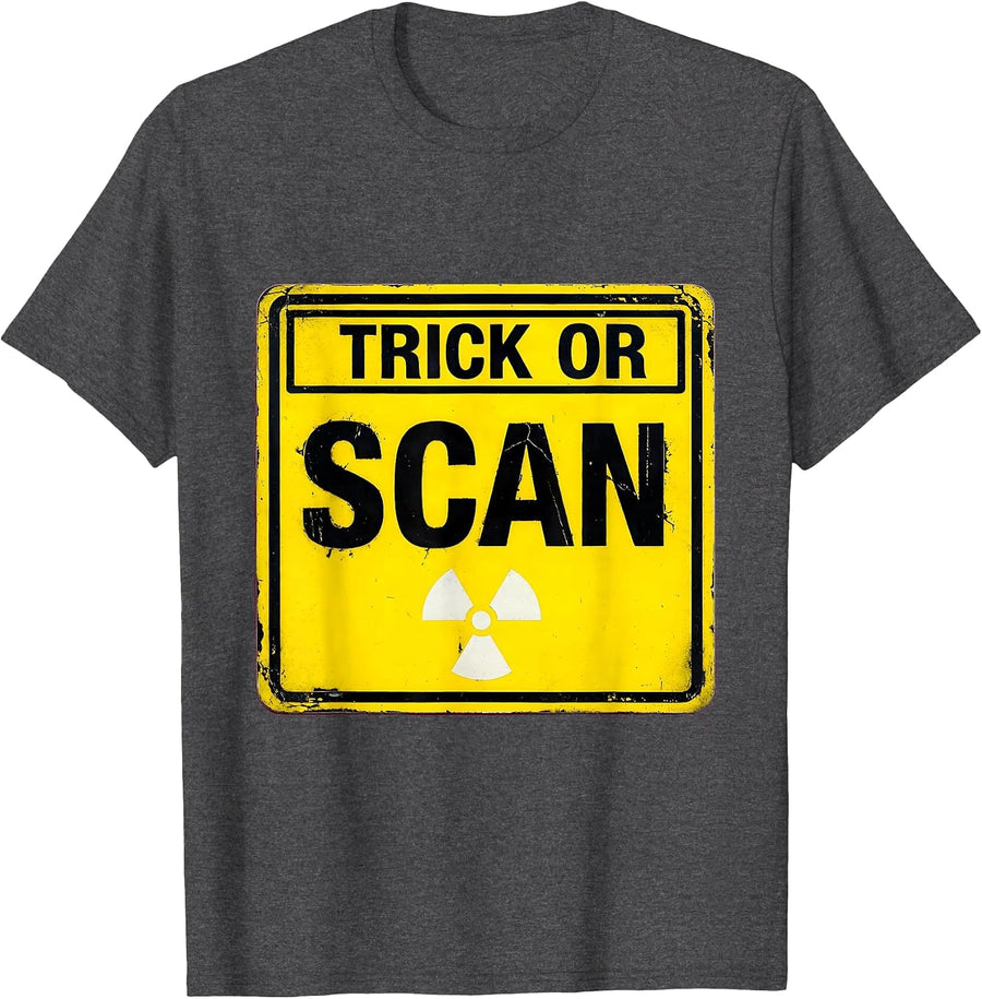 Men's Trick Or Scan Radiology Tech Halloween Workplace Humor T-Shirt - Dark Heather Grey