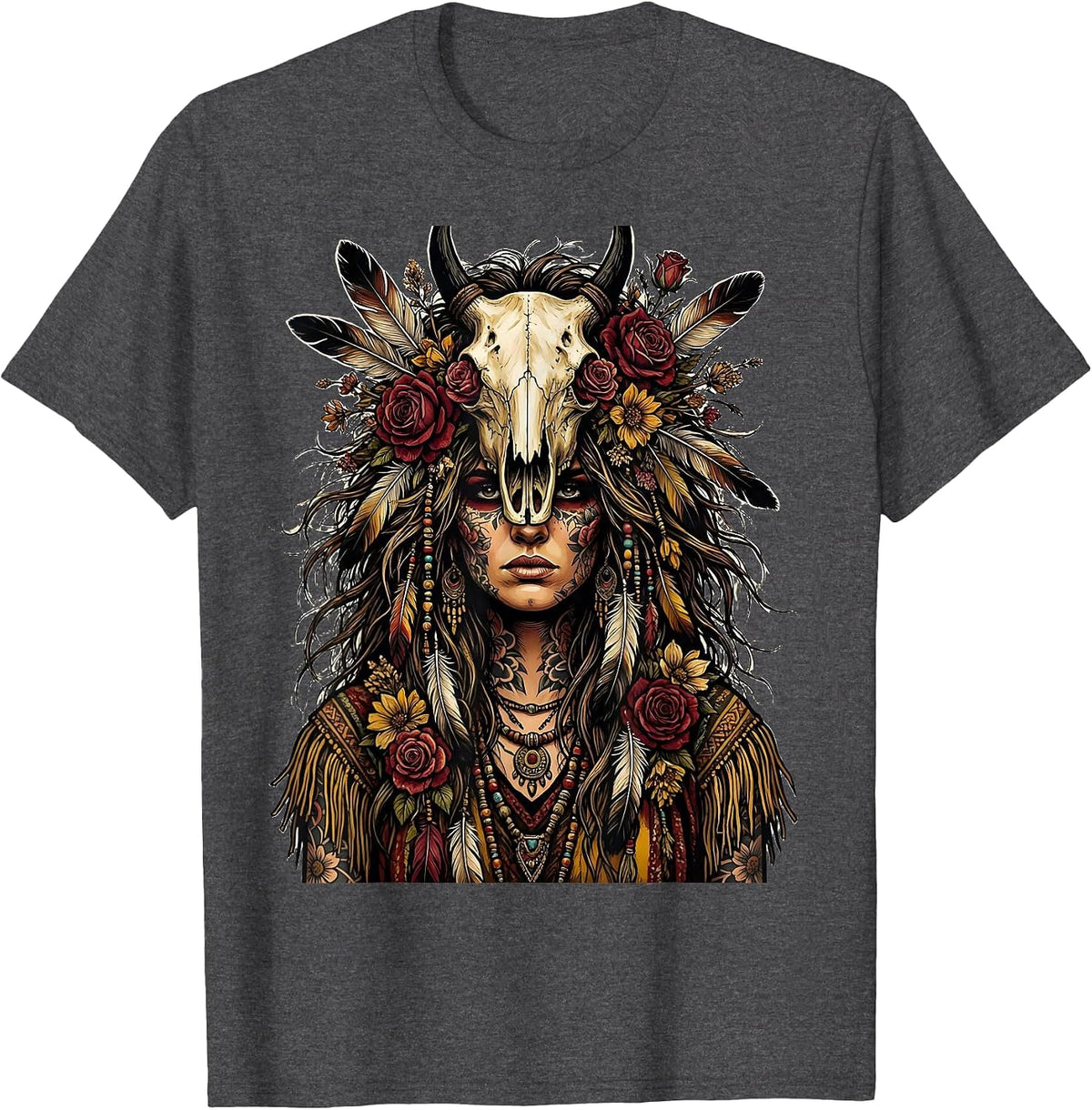 Bohemian Horse Skull Spirit Mystic Art Design T-Shirt - Dark Heather Grey