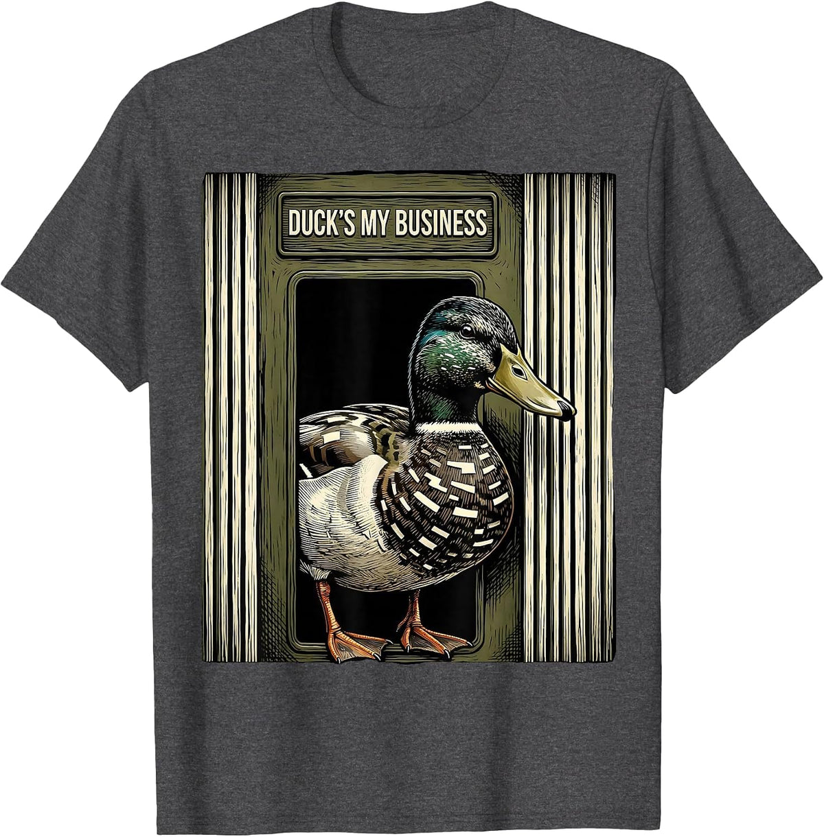Duck's My Business Woodcut Engraving Funny Duck Hunting Camo T-Shirt - Dark Heather Grey