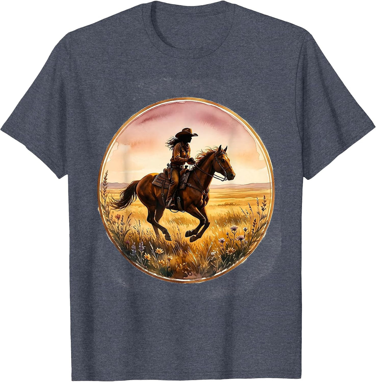Cowgirl Riding Horse Golden Grassland Texas T-Shirt - Heather Blue
