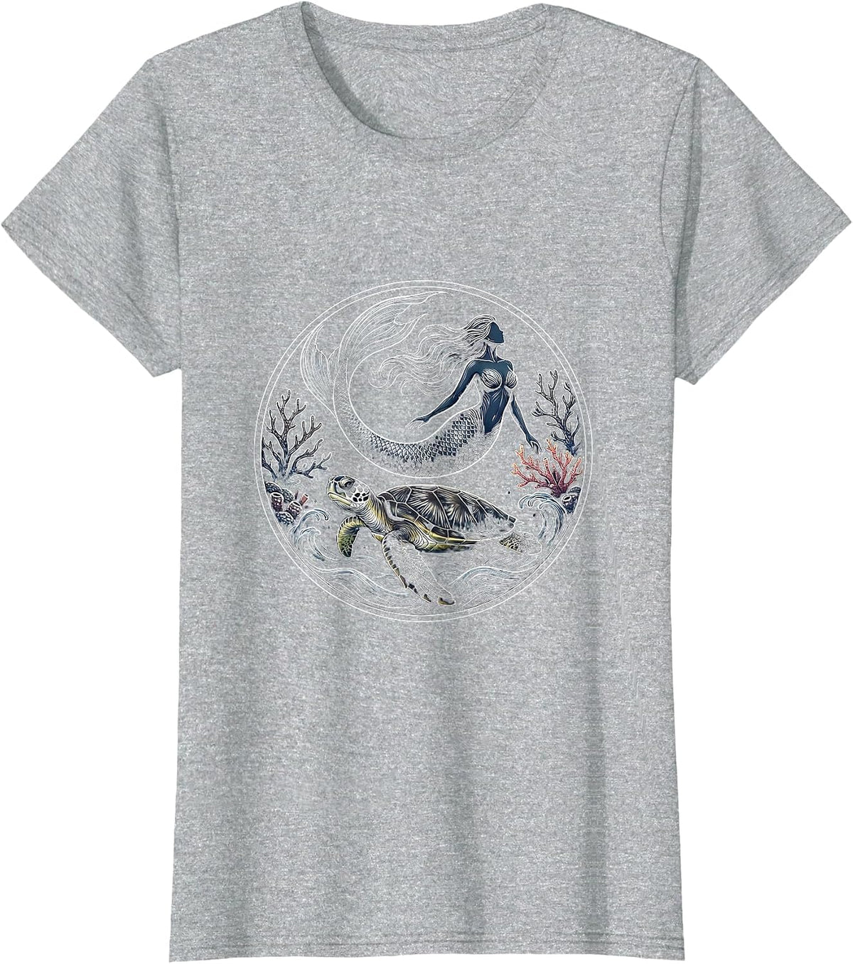 Women's Mermaid and Sea Turtle Ocean Swimming Graphic T-Shirt - Heather Grey