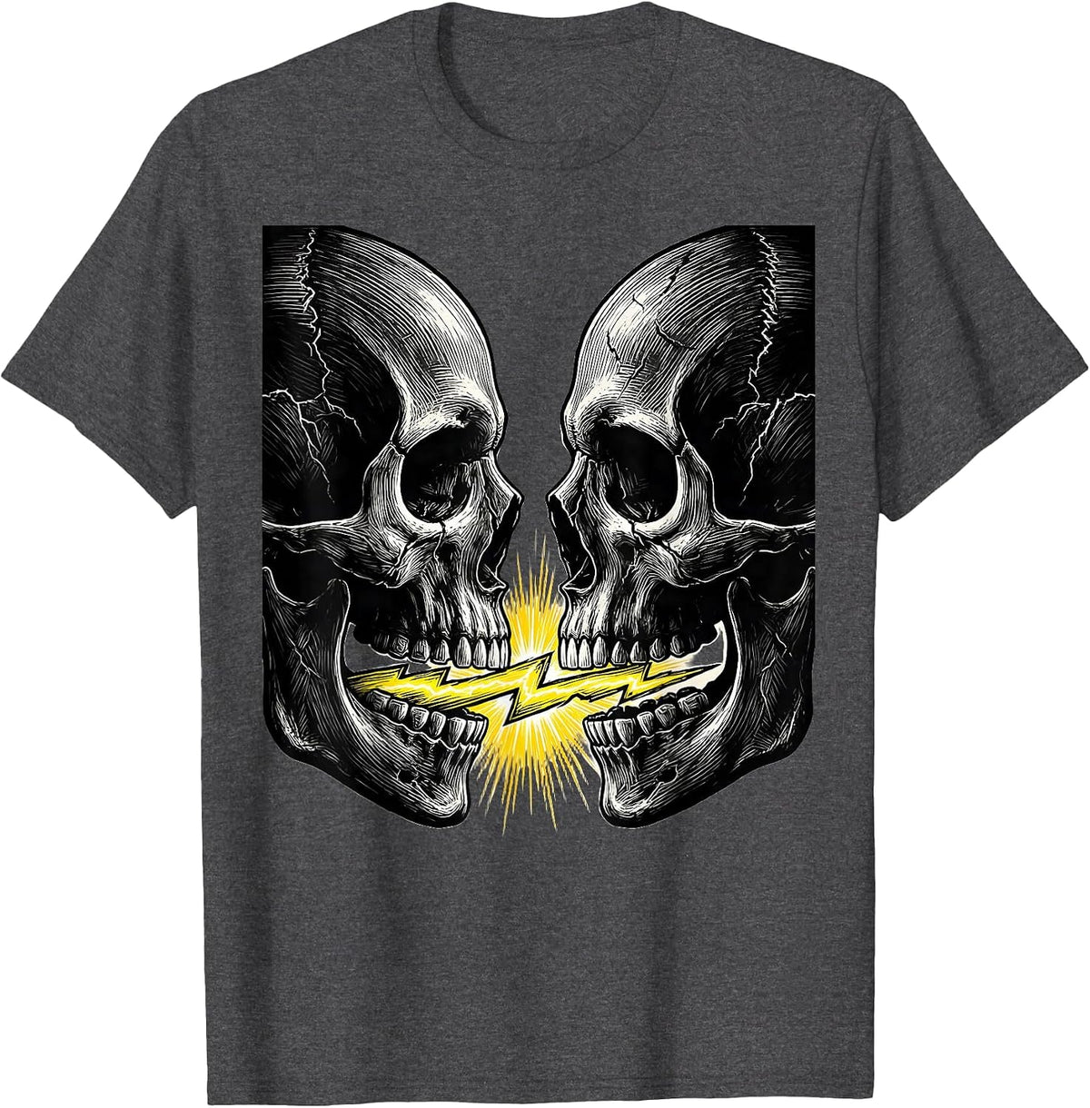 Men's Dual Skulls Lightning Strike Graphic Design T-Shirt - Dark Heather Grey