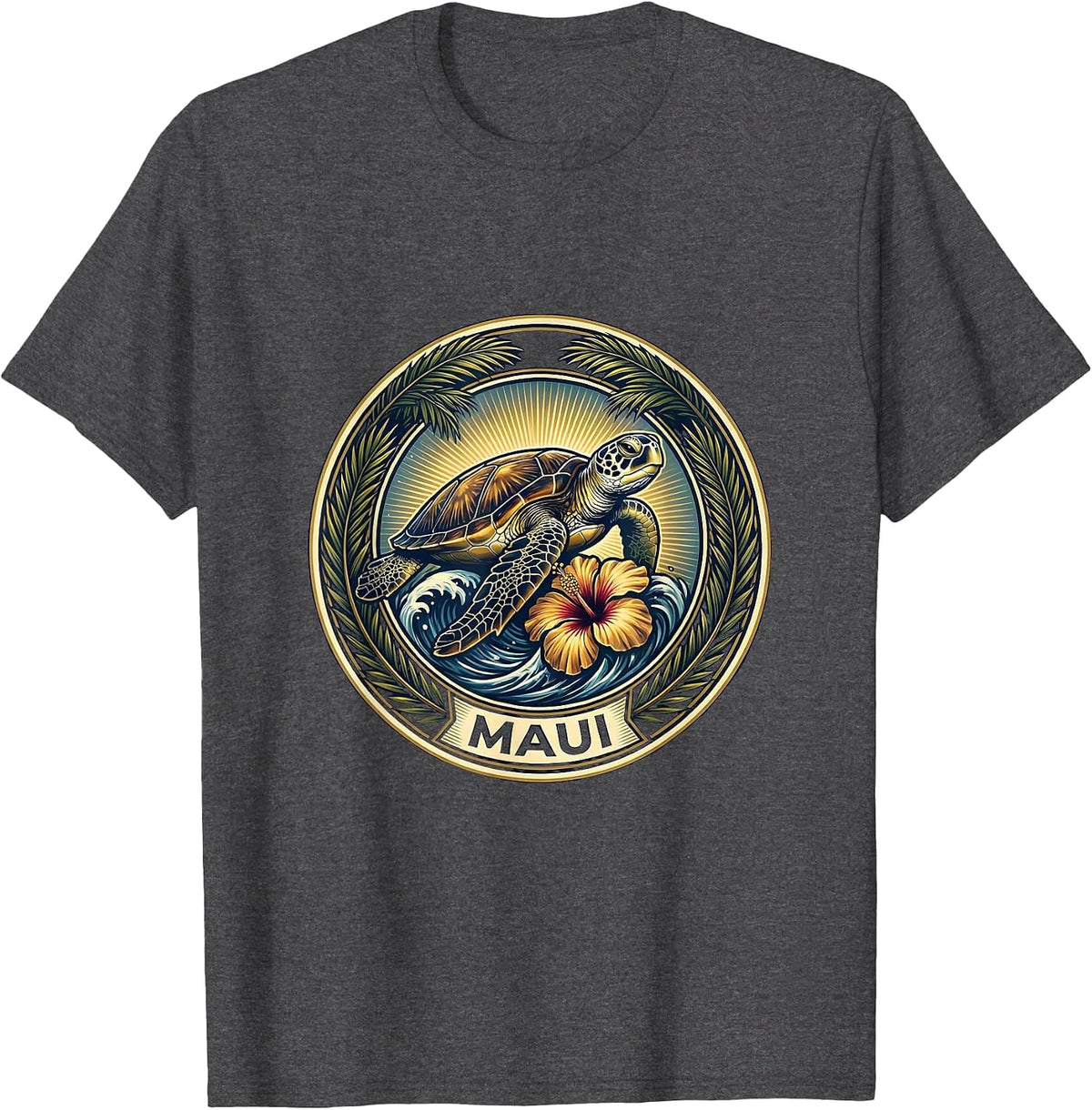 Men's Maui Tropical Surf Club Sea Turtle Souvenir Emblem T-Shirt - Dark Heather Grey