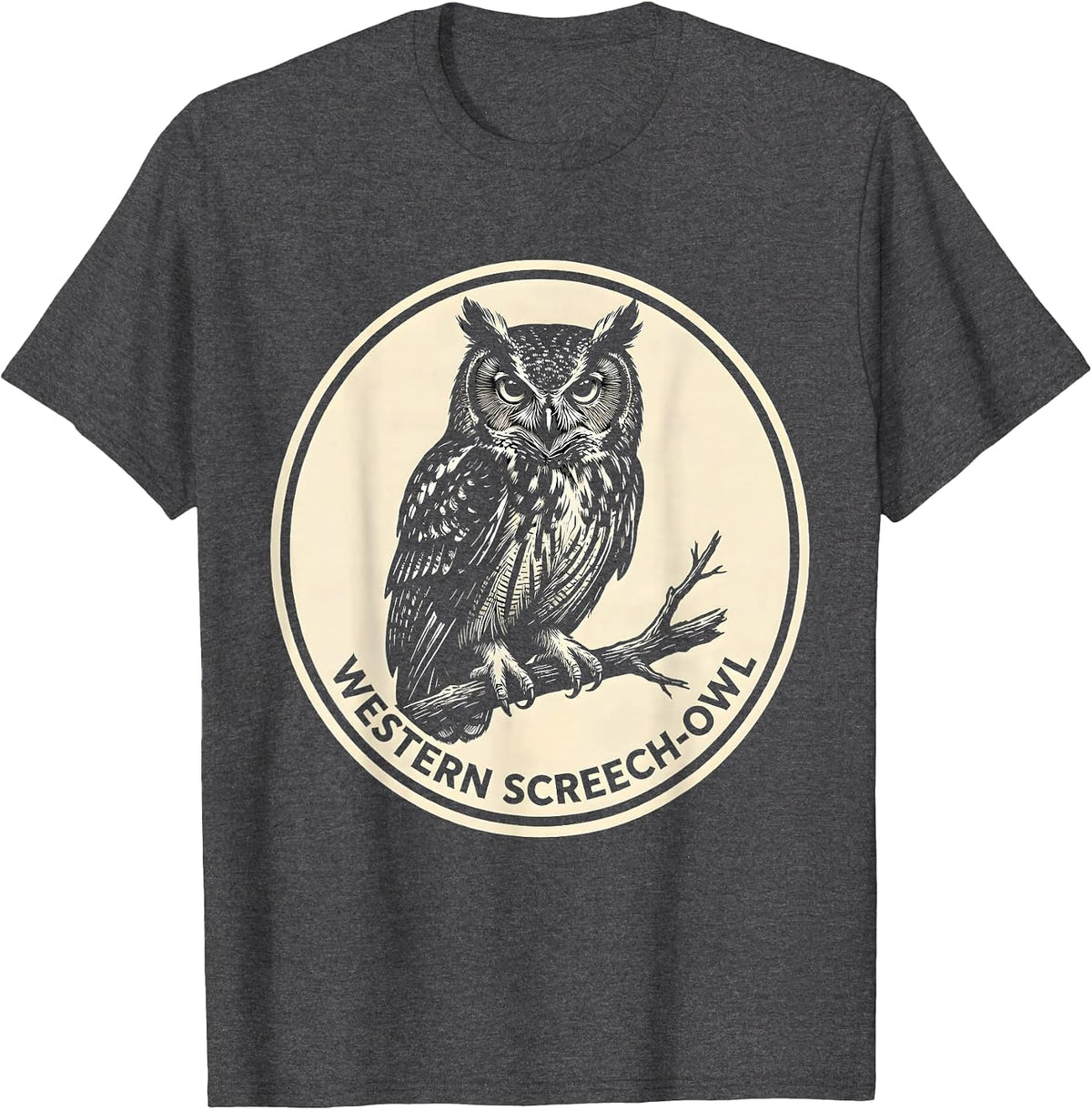Men's Western Screech-Owl Scratchboard Owl Lover Birdwatcher T-Shirt - Dark Heather Grey