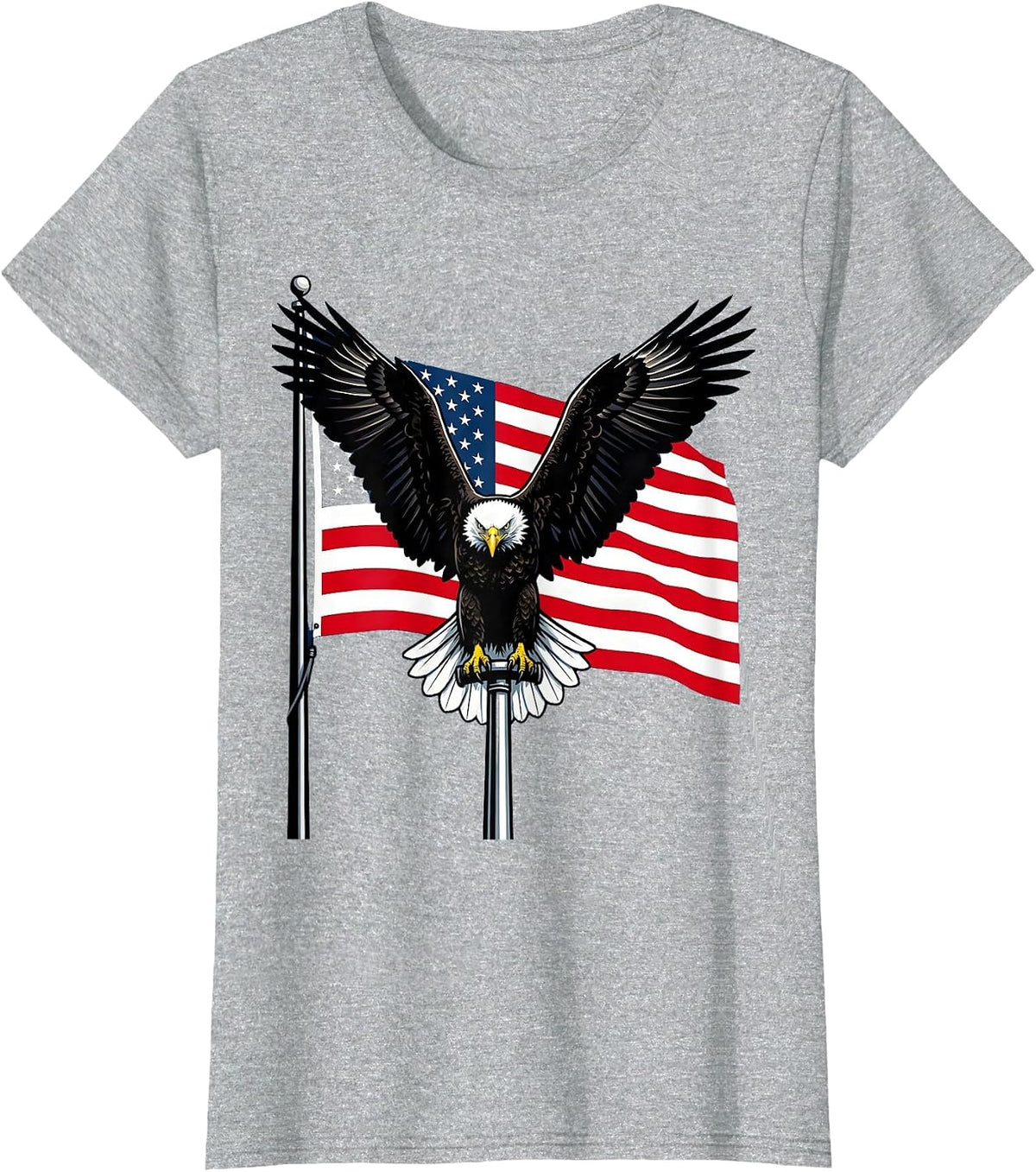 Bold Eagle on American Flag Pole Patriotic Design T-Shirt - Heather Grey