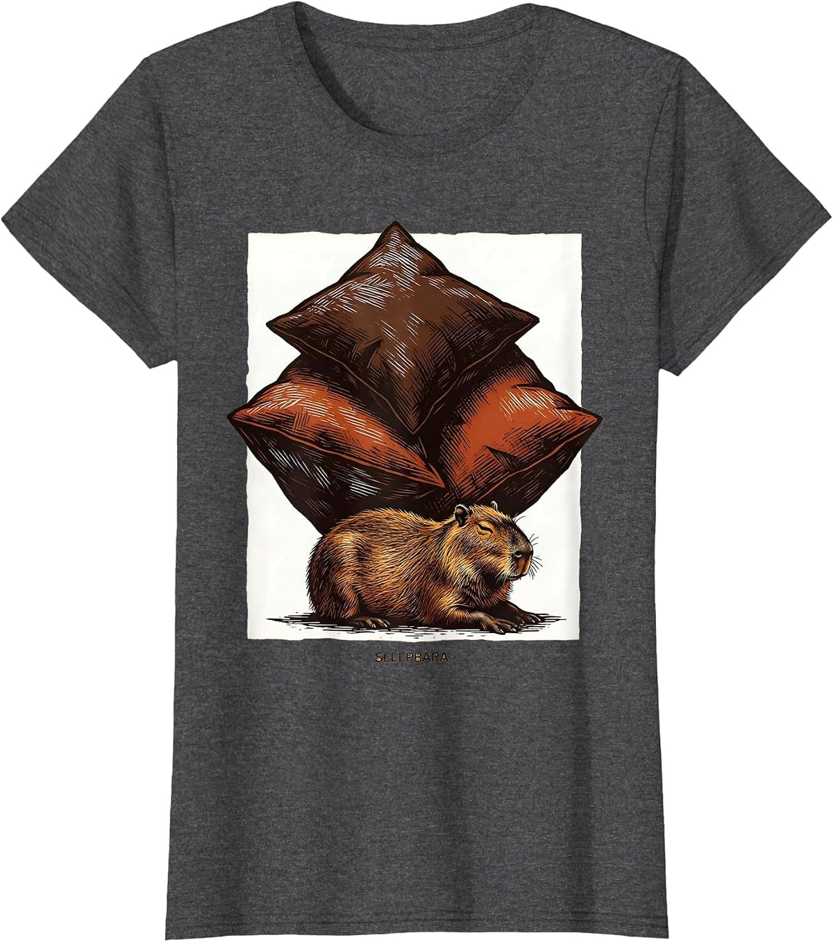 Women's Sleepbara Cute Capybara Sleep Lover Linocut Novelty T-Shirt - Dark Heather Grey