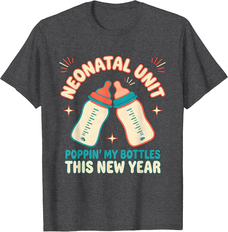 Men's NEONATAL UNIT POPPIN' MY BOTTLES THIS NEW YEAR Neonatal T-Shirt - Dark Heather Grey