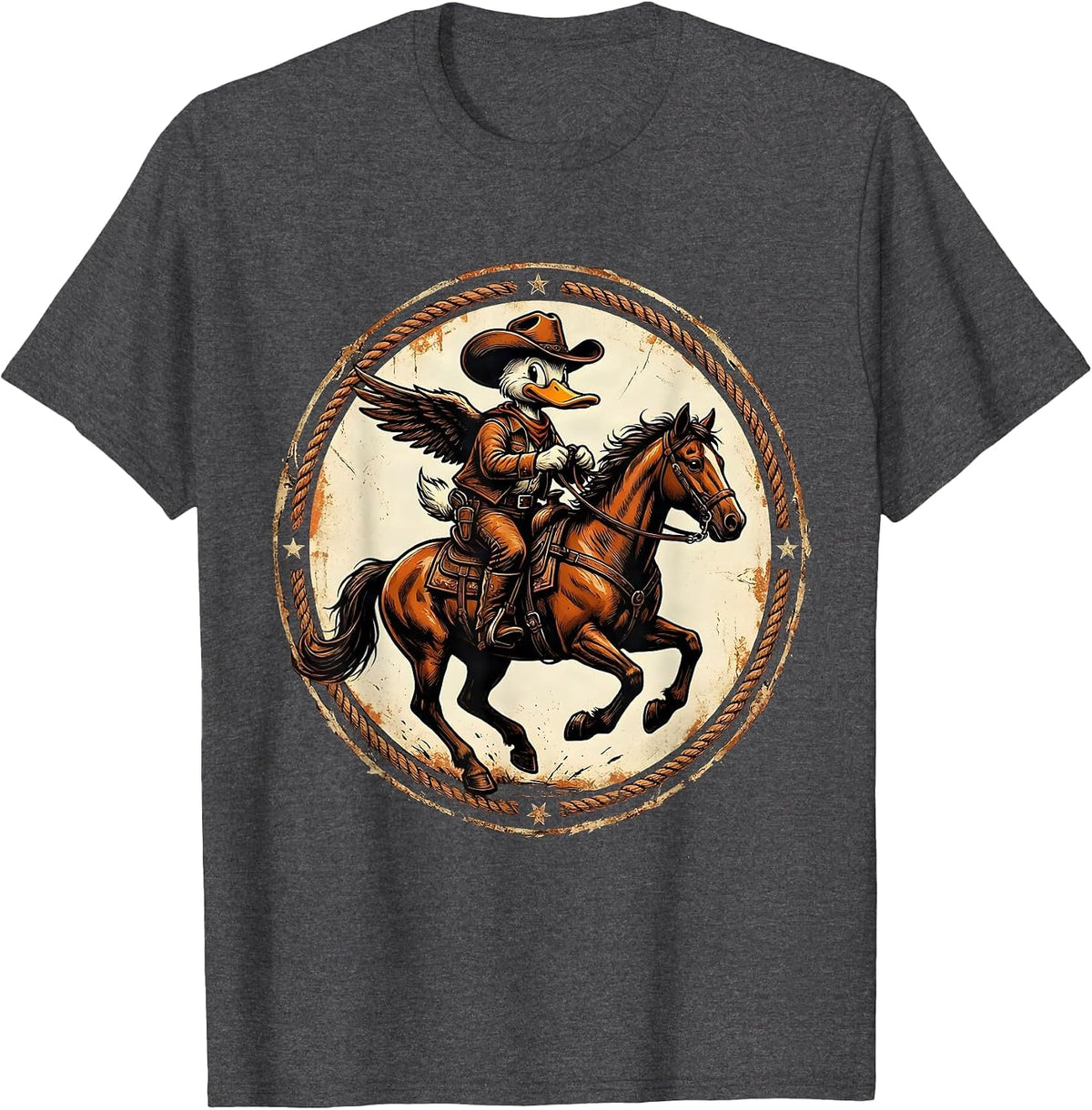 Duck in Cowboy Hat on Horseback Western Art T-Shirt - Dark Heather Grey