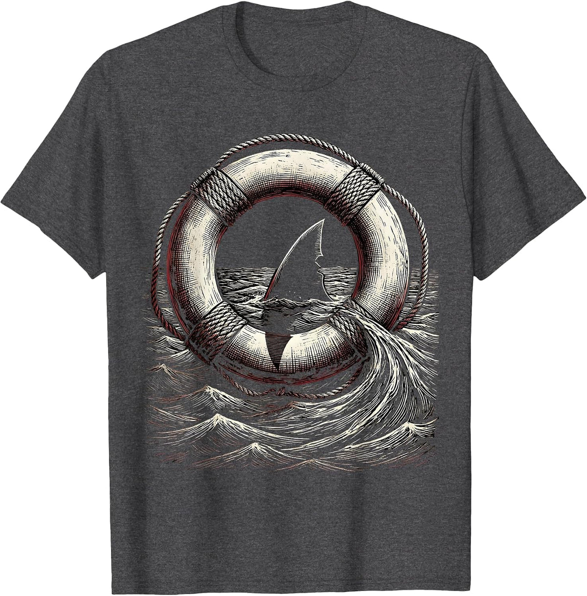 Shark Fin Circling Lifebuoy Cruise Design T-Shirt - Dark Heather Grey