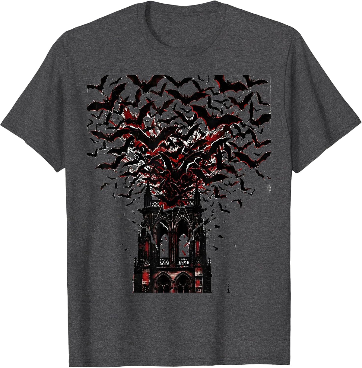 Bat Swarm Cathedral Bell Tower Heavy Metal Art T-Shirt - Dark Heather Grey