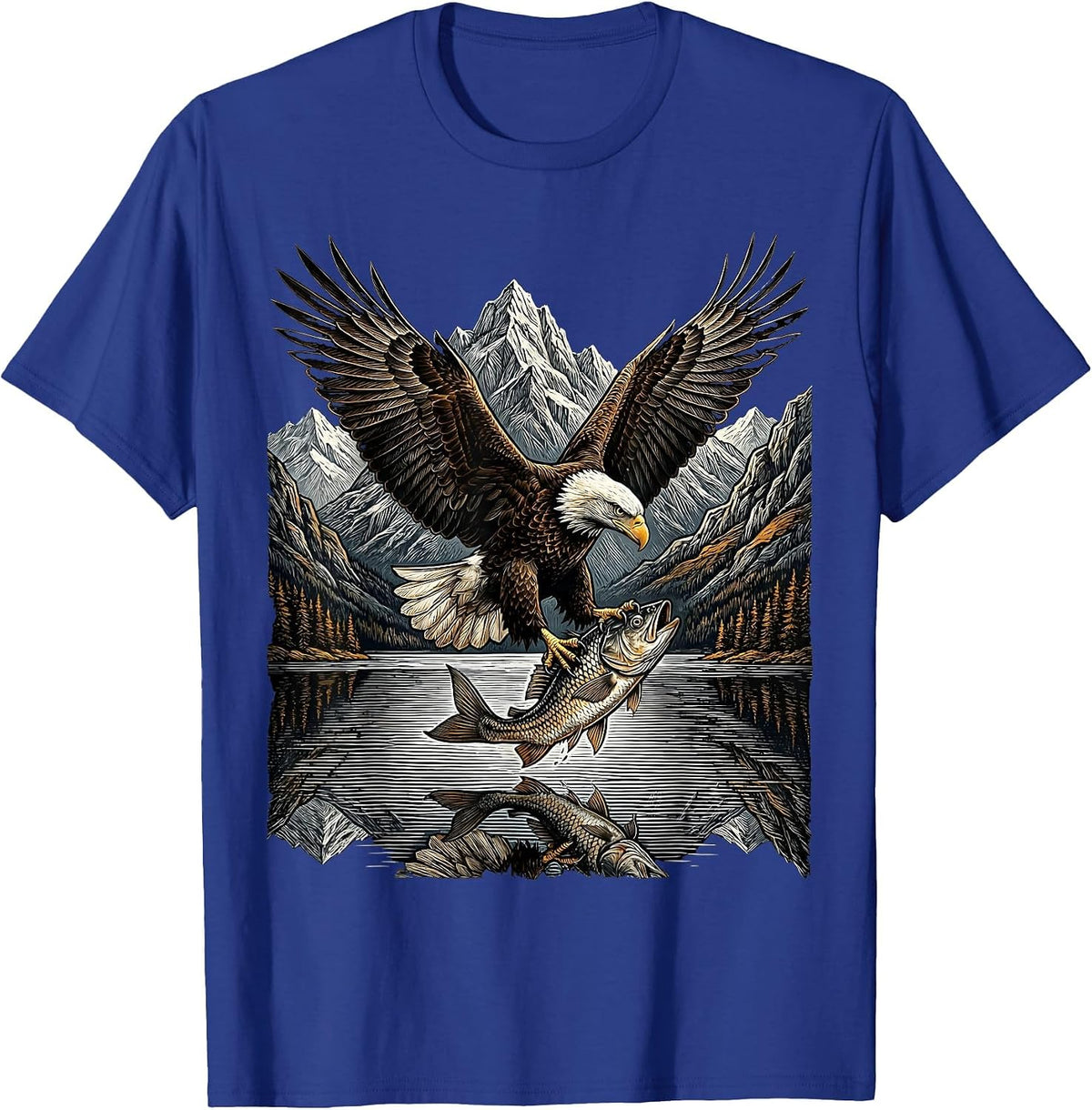 Eagle Clutching Fish Over Mountain Lake T-Shirt - Royal Blue