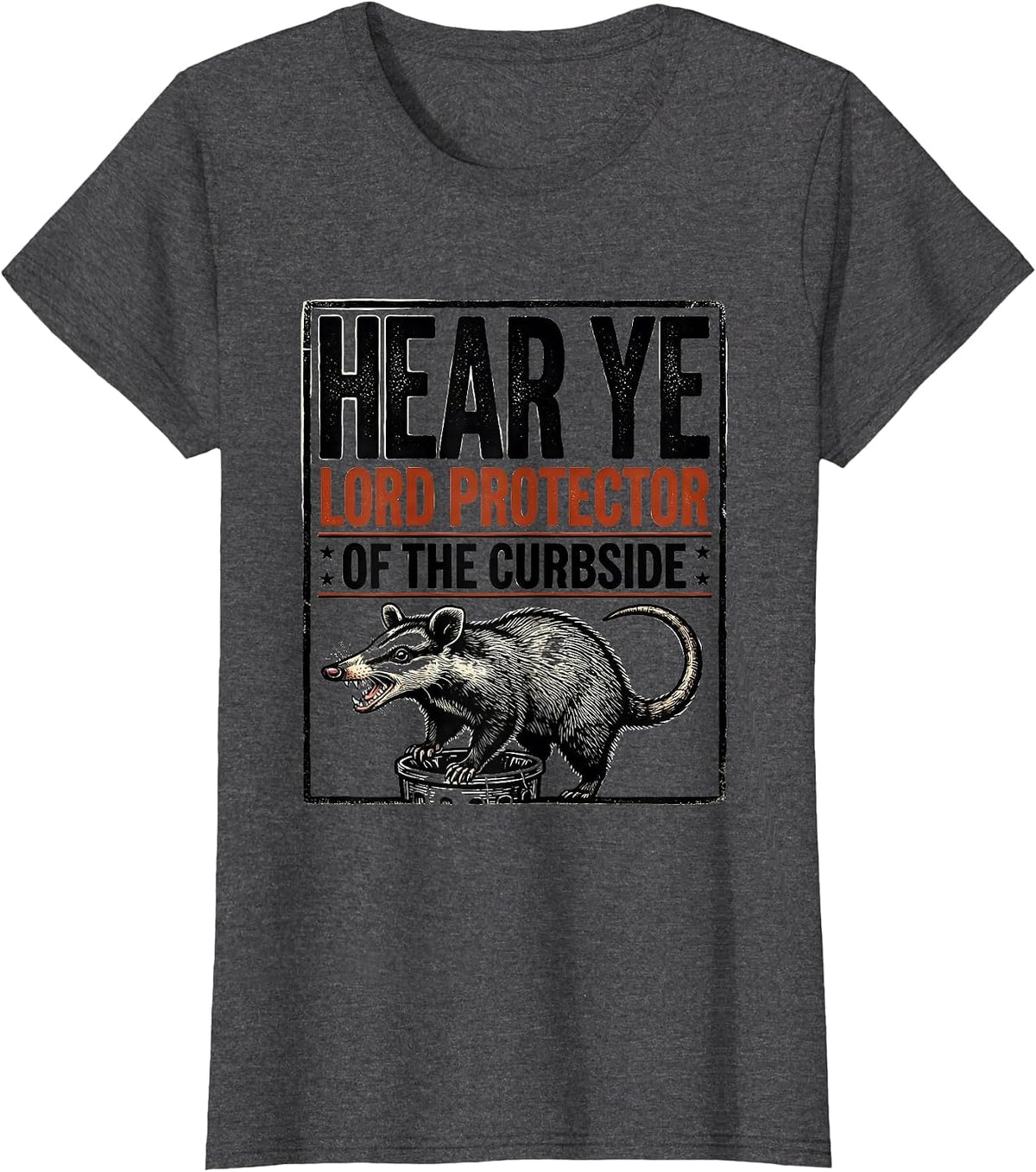 Women's Hear Ye, Lord Protector Of The Curbside Funny Opossum T-Shirt - Dark Heather Grey