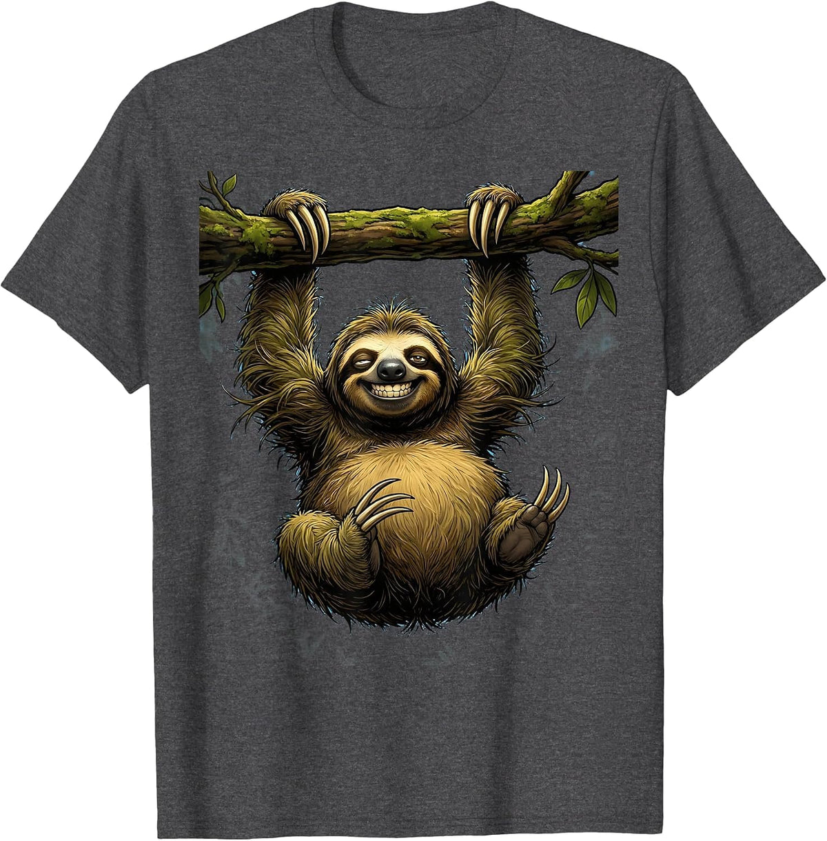 Sloth Wide Open Arms Hanging Illustration T-Shirt - Dark Heather Grey