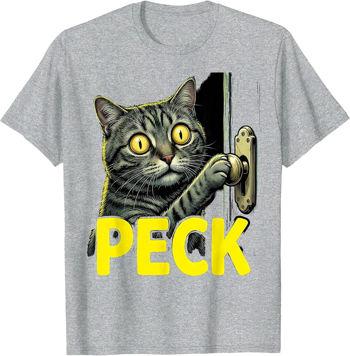 Men's Peck Cartoon Gray Tabby Cat Halloween Horror Parody Humor T-Shirt - Heather Grey
