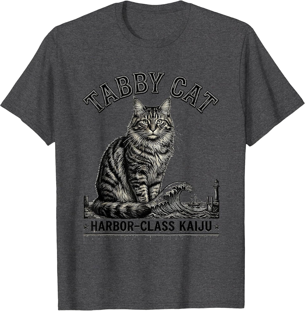 Tabby Cat Harbor-Class Kaiju Funny Japanese Monster Art T-Shirt - Dark Heather Grey
