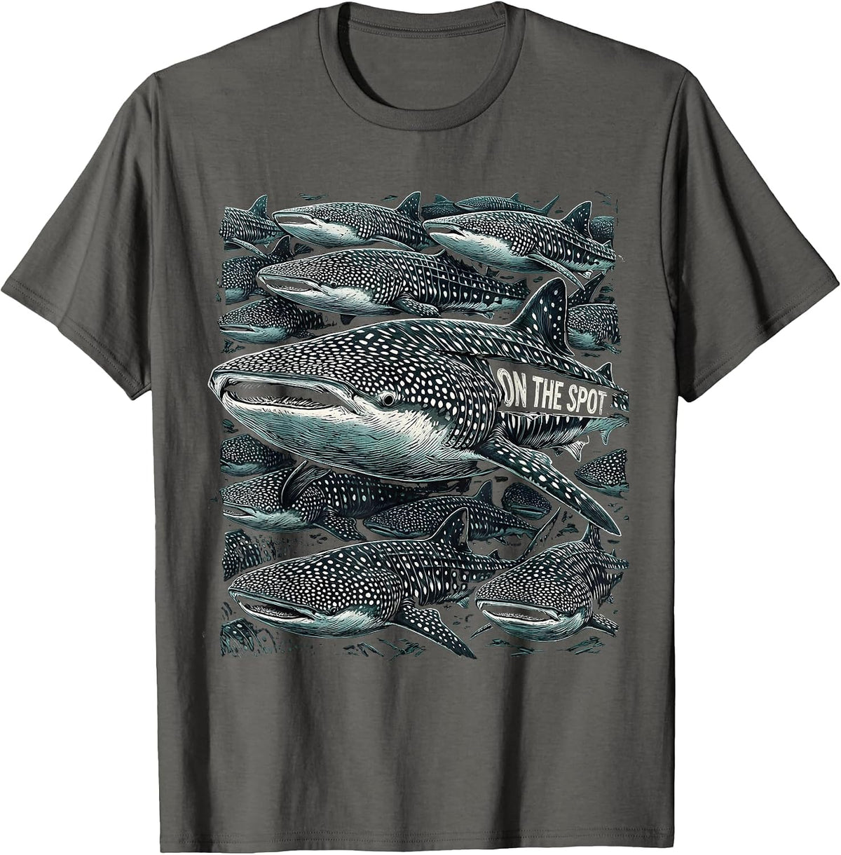 Men's On The Spot Whale Shark Woodcut Engraving Ocean Wildlife T-Shirt - Asphalt Grey