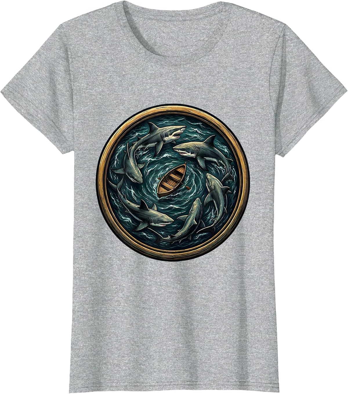 Pack of Sharks Circling a Boat Graphic T-Shirt - Heather Grey