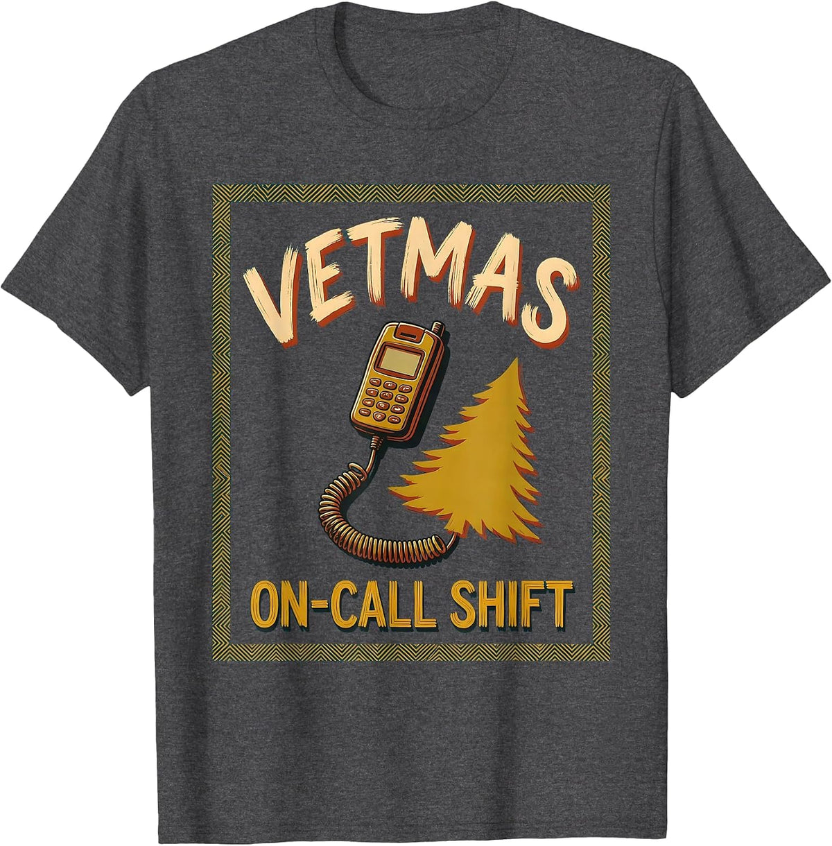 Men's Vetmas On-Call Shift Funny Veterinarian Christmas Vet Tech T-Shirt - Dark Heather Grey