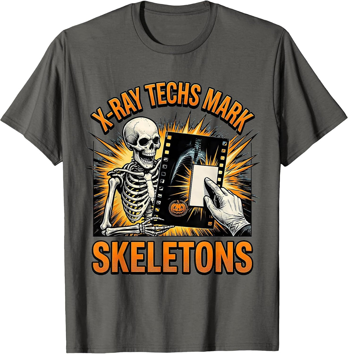 X-Ray Techs Mark Skeletons Comic Book Radiology Halloween T-Shirt - Asphalt Grey