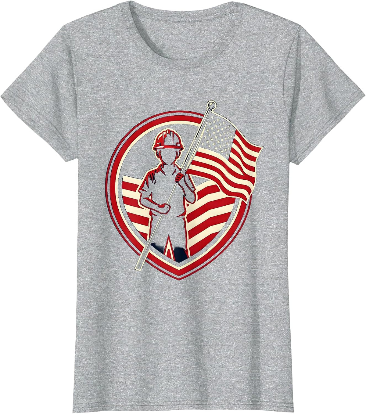 Young Patriot Boy Hardhat American Flag Illustration T-Shirt - Heather Grey