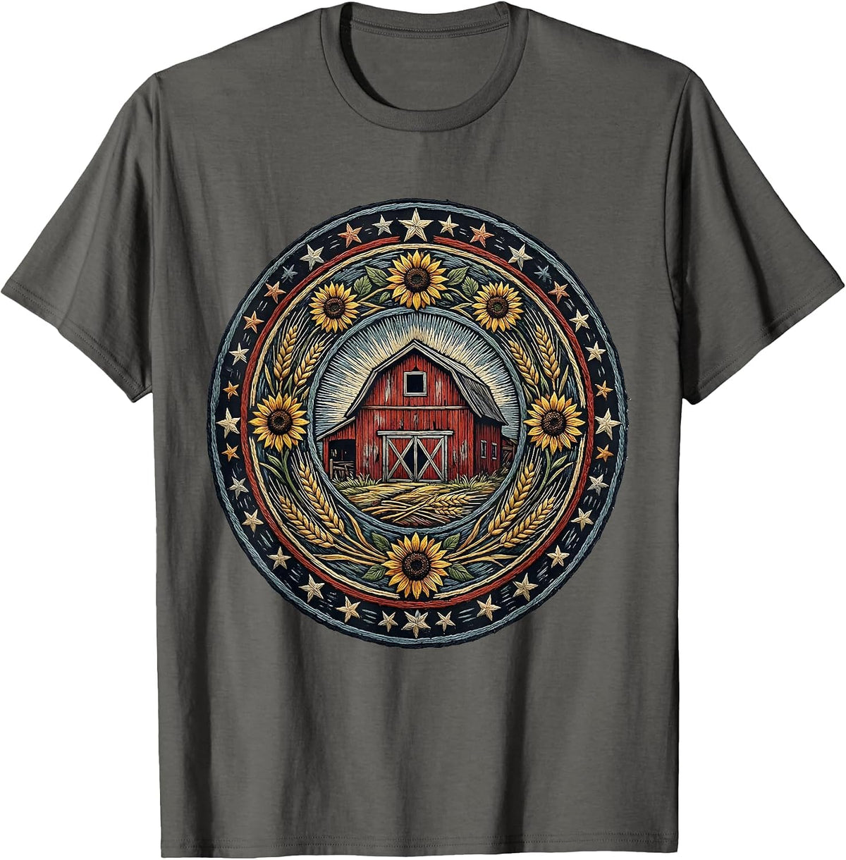 Men's Red Barn Blue Sky Stars Patriotic Country Design T-Shirt - Asphalt Grey
