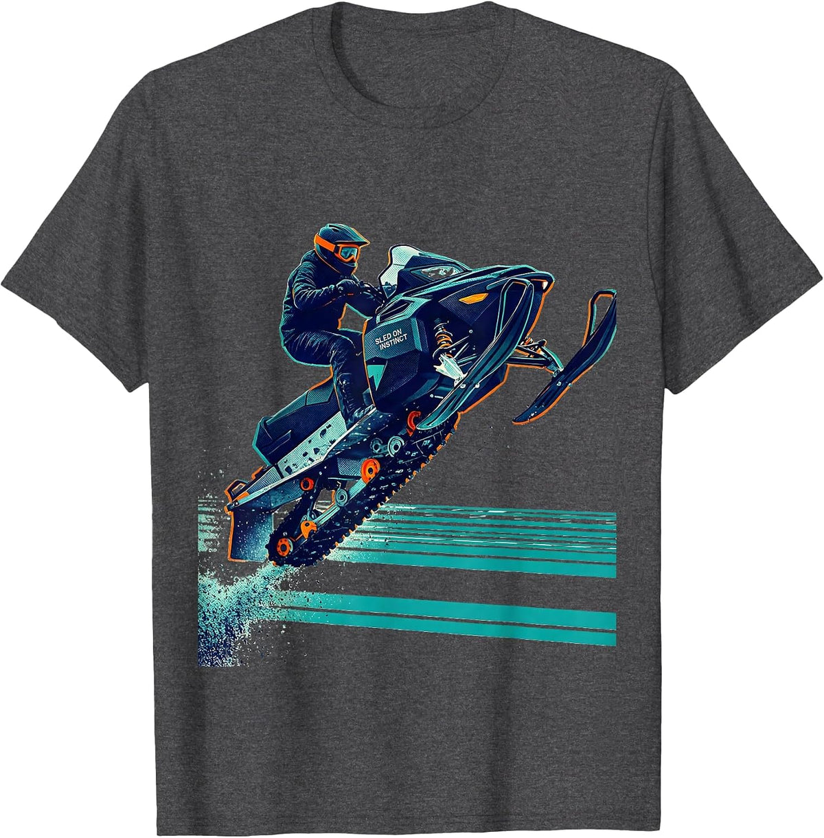 Sled On Instinct Risograph Snowmobile Rider Winter Sports T-Shirt - Dark Heather Grey